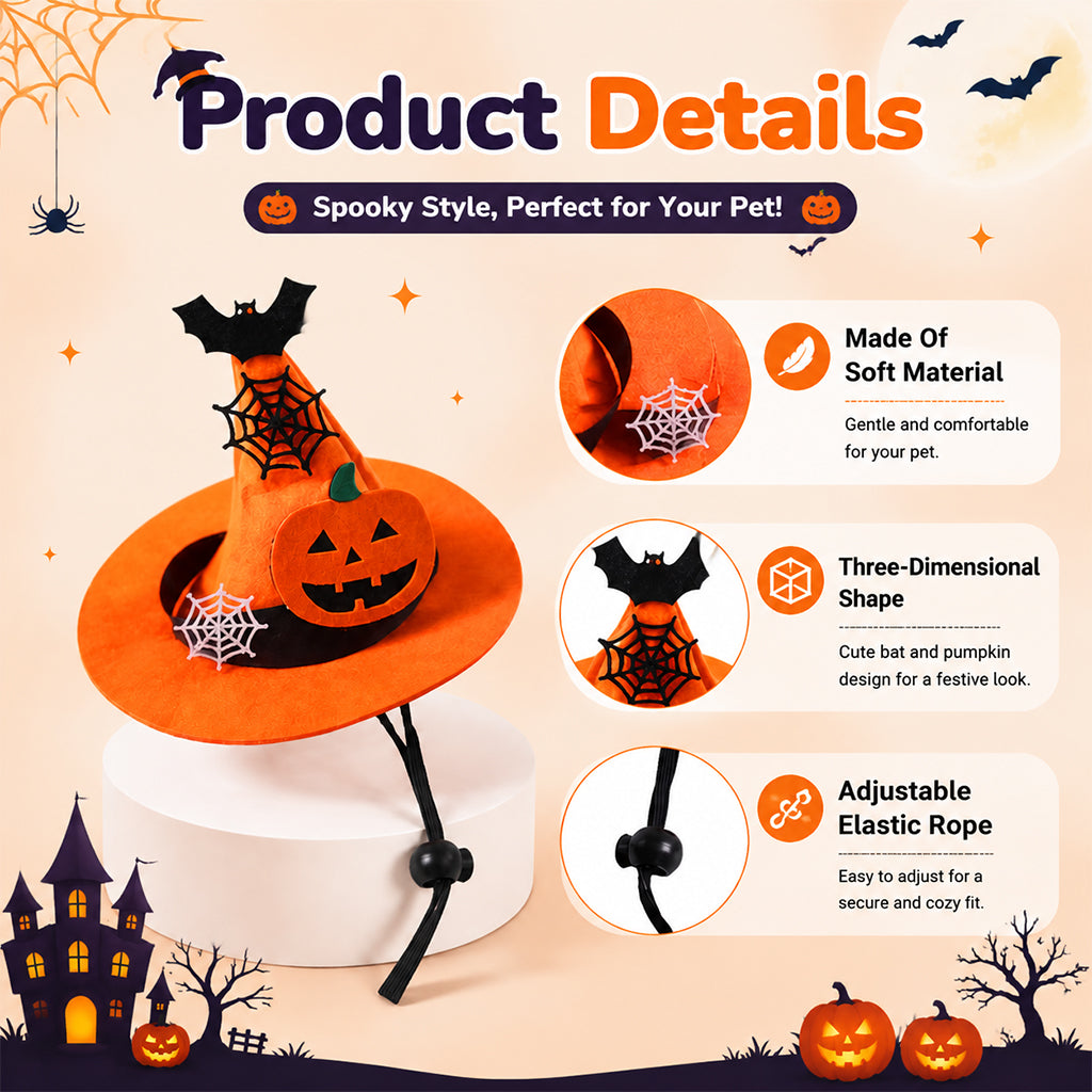 Qpets Adjustable Halloween Witch Hat for Cats and Small Dogs with Soft Cloth and Lace Details