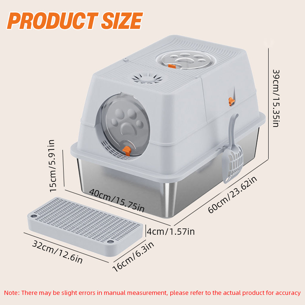 Qpets® Stainless Steel Cat Litter Box Dual Doors Anti-Odor Cat Litter Box with Air Vent Includes Cat Litter Catcher & Cat Litter Scoop Enclosed Cat Litter Box with Flip Up Lid, 40x60x39cm