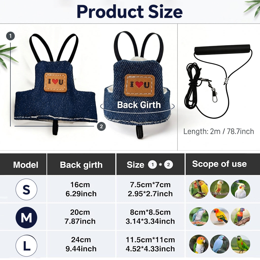 Qpets Bird Flight Harness with Leash, M, 20cm Back Girth, Denim Vest for Medium Parrots