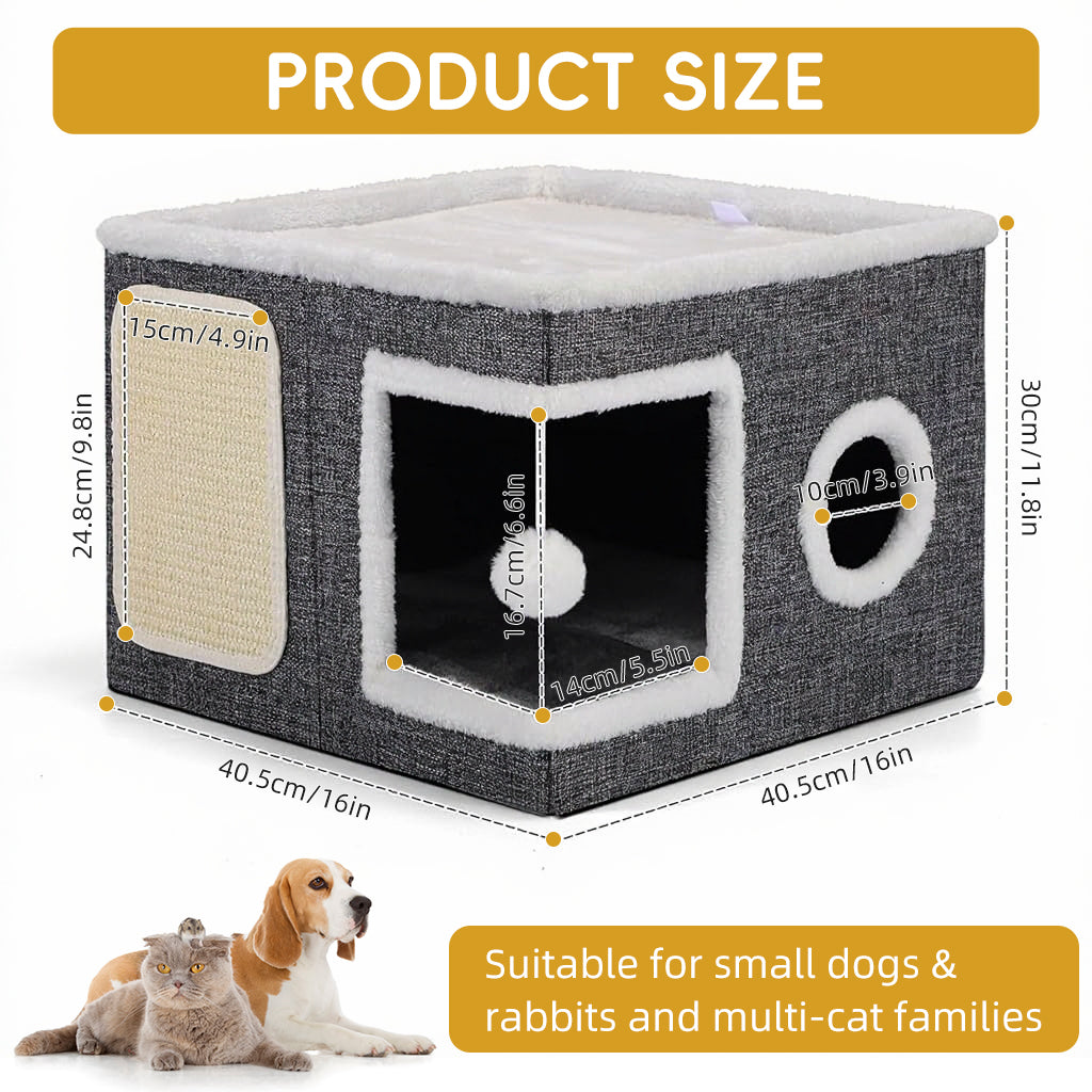 Qpets® Cat Scratcher House - Hideout with Scratching Roof & Hanging Toys, Multi-Entry Playhouse for Indoor Cats, Space-Saving Cardboard Activity Center