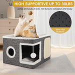 Qpets® Cat Scratcher House - Hideout with Scratching Roof & Hanging Toys, Multi-Entry Playhouse for Indoor Cats, Space-Saving Cardboard Activity Center