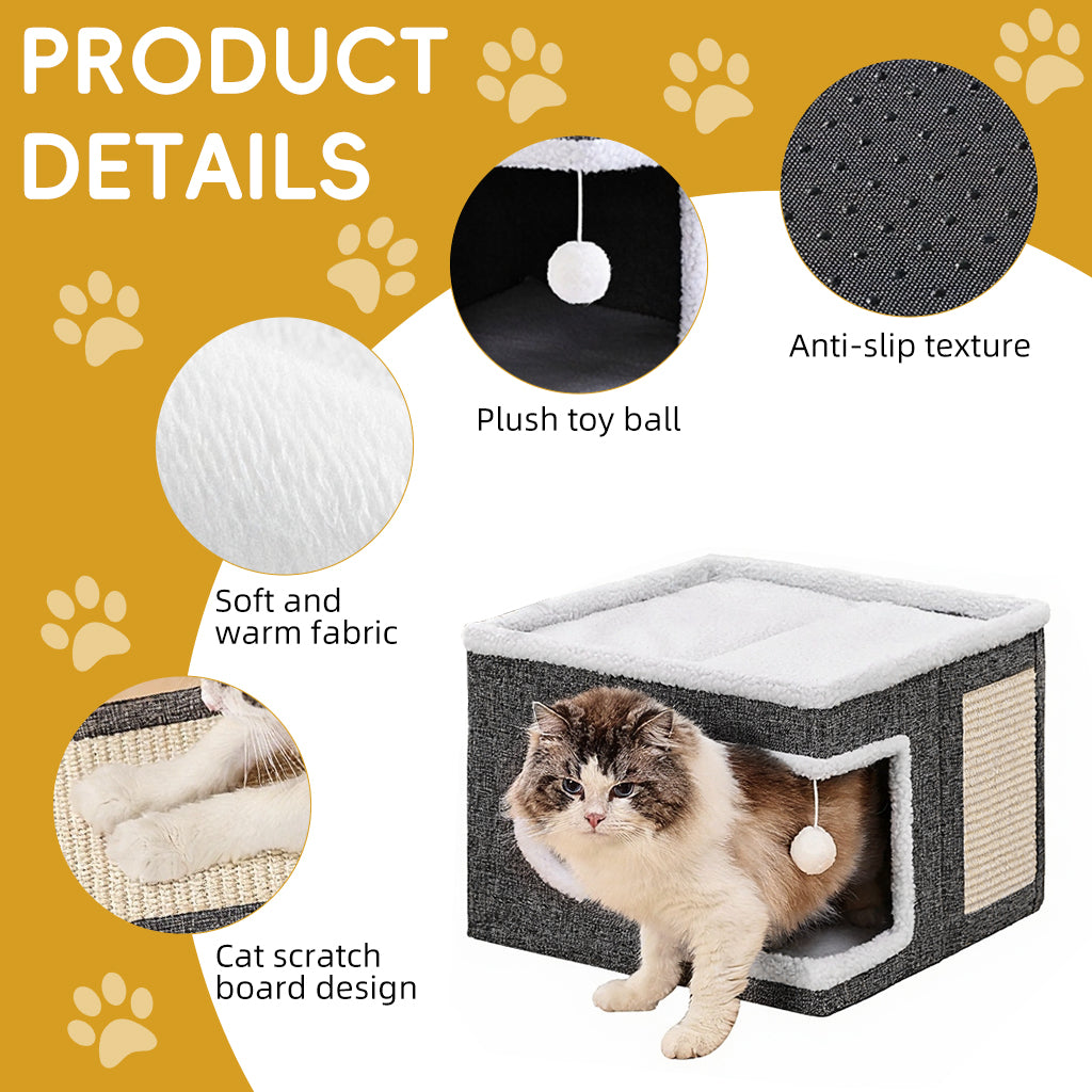 Qpets® Cat Scratcher House - Hideout with Scratching Roof & Hanging Toys, Multi-Entry Playhouse for Indoor Cats, Space-Saving Cardboard Activity Center