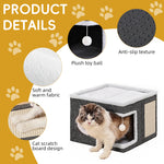 Qpets® Cat Scratcher House - Hideout with Scratching Roof & Hanging Toys, Multi-Entry Playhouse for Indoor Cats, Space-Saving Cardboard Activity Center