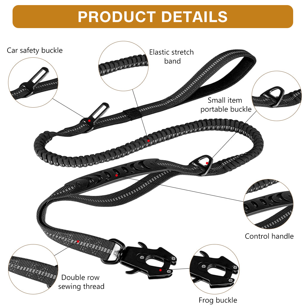 Qpets® Dog Leash, Stretchy Dog Leash with Dual Control Handles, Reflective Stitches Leash with 360 ° Swivel Clasp, Large Breeds Pet Leashes for Walking