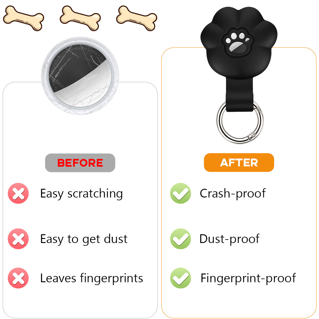 Qpets® Holder for Dogs & Cats, Silicone Waterproof Protective Case with Metal Ring Clasp - Cartoon Dog Paw Design Pet Tracker Cover, Secure Collar Accessory for Keys, Bags & Baggage