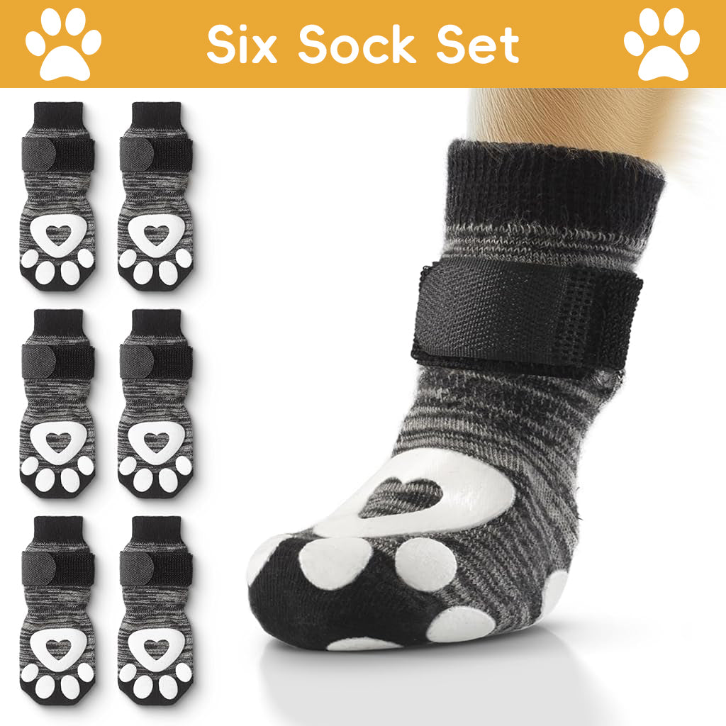 Qpets® Non-Slip Dog Socks, 6Pcs Adjustable Strap Dog Paw Socks with Hook and Loop Closure, Breathable Cotton Pet Feet Protectors for Indoor Outdoor Flooring & Post-Surgery Care (L, Paw Size 3-3.5in)