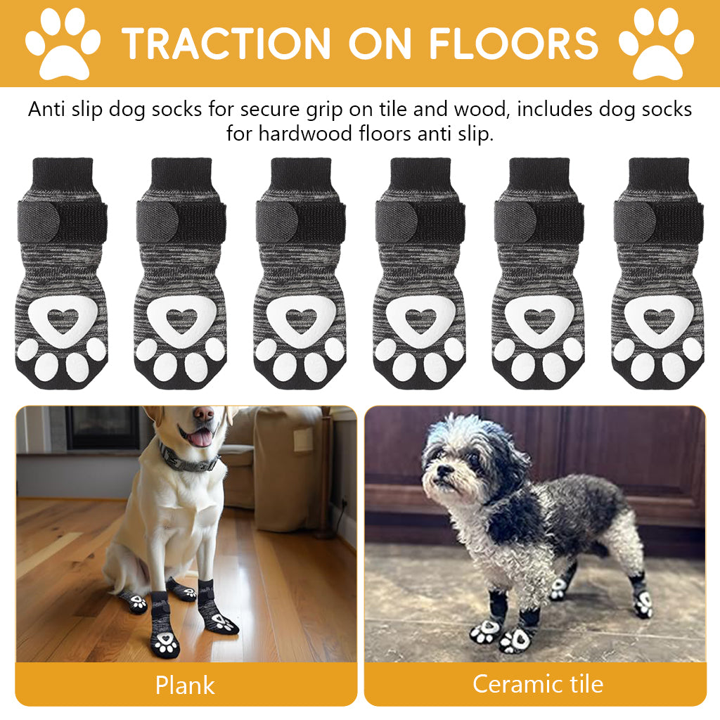 Qpets® Non-Slip Dog Socks, 6Pcs Adjustable Strap Dog Paw Socks with Hook and Loop Closure, Breathable Cotton Pet Feet Protectors for Indoor Outdoor Flooring & Post-Surgery Care (L, Paw Size 3-3.5in)