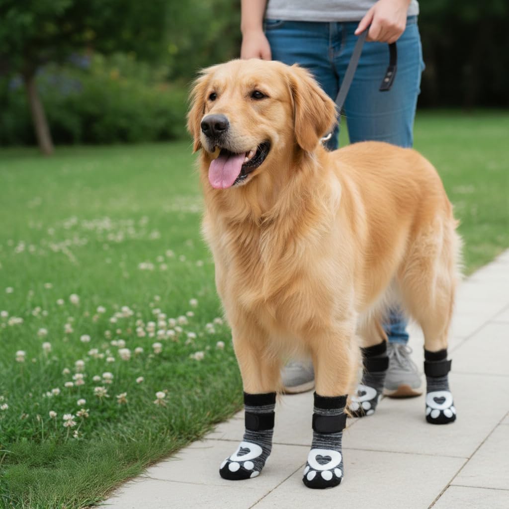 Qpets® Non-Slip Dog Socks, 6Pcs Adjustable Strap Dog Paw Socks with Hook and Loop Closure, Breathable Cotton Pet Feet Protectors for Indoor Outdoor Flooring & Post-Surgery Care (L, Paw Size 3-3.5in)