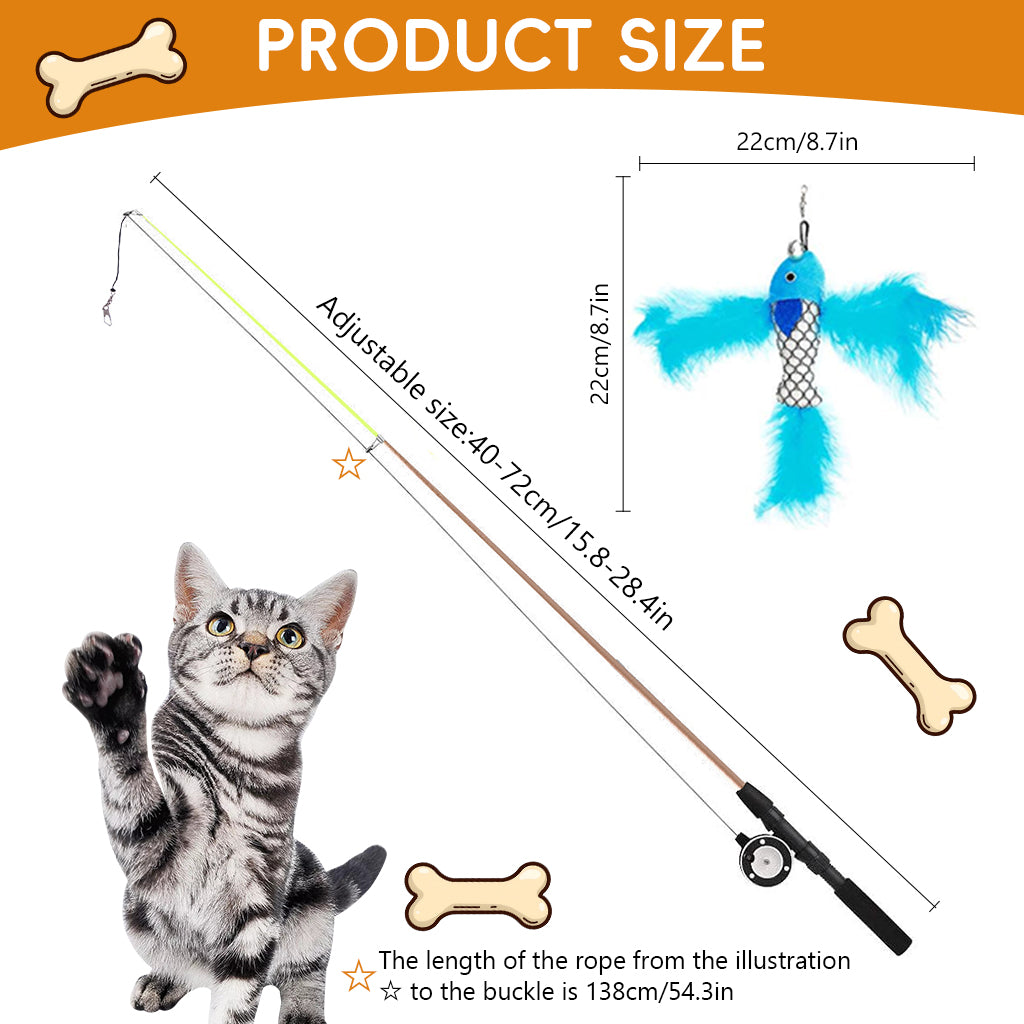 Qpets® Cat Wand Toys, Retractable Interactive Cat Feather Teaser with Realistic Fish, Telescopic Rod Fun Indoor Outdoor for Active Play & Exercise