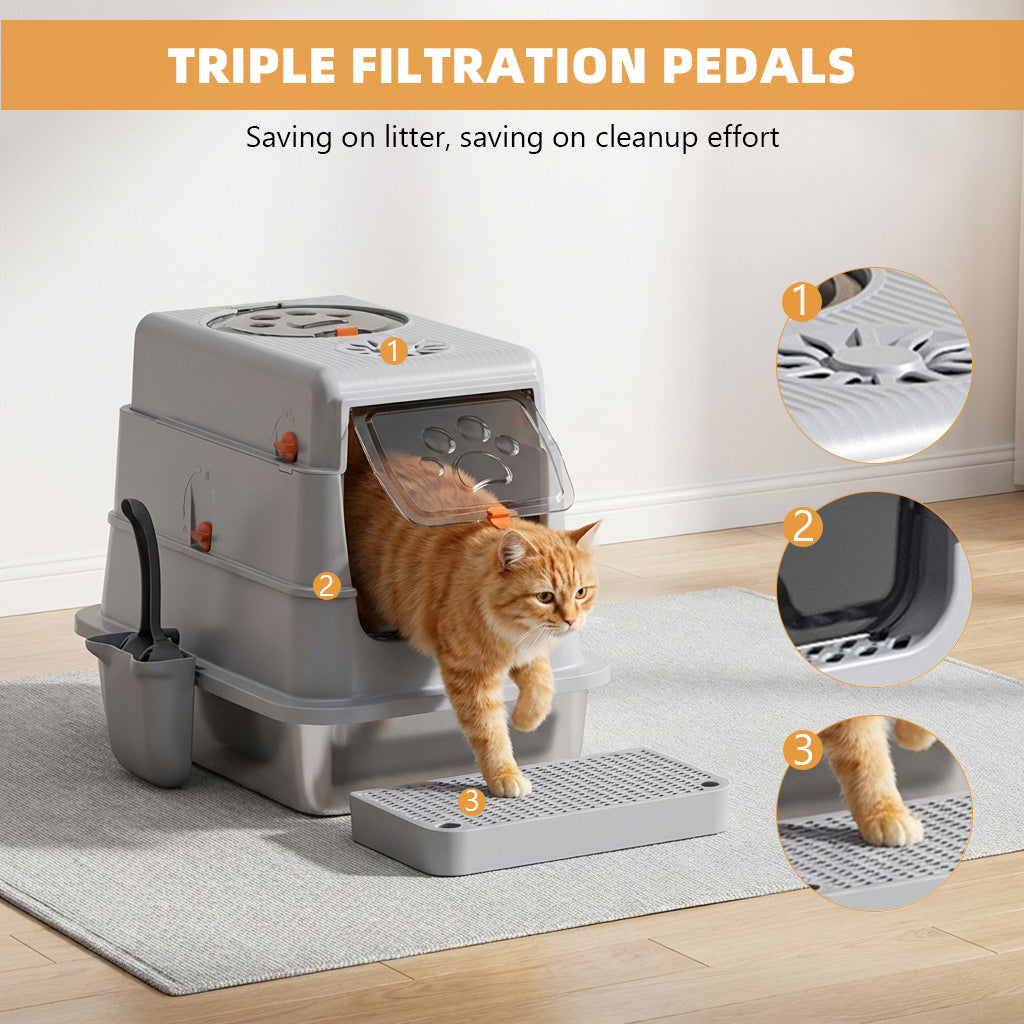 Qpets® Cat Litter Box for Young Cat,DIY Assembly Kitten Potty Training Litter Case with Stainless Steel Tray,Enclosure Box with Top & Front Door Porous Air Vent Design 35x50x38cm
