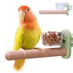 Qpets® Parrot Perch Stick with Feeding Cup, 6.6'' Bird Cage Mounted Standing Rod, Anti-Slip Grooved Wooden Perch with Clamp for Parrots, Parakeets & Other Pet Birds
