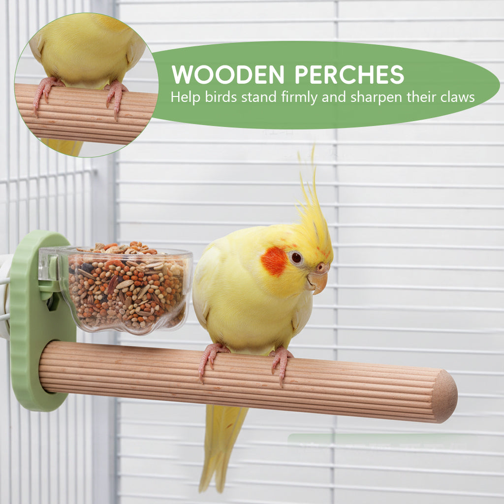Qpets® Parrot Perch Stick with Feeding Cup, 6.6'' Bird Cage Mounted Standing Rod, Anti-Slip Grooved Wooden Perch with Clamp for Parrots, Parakeets & Other Pet Birds