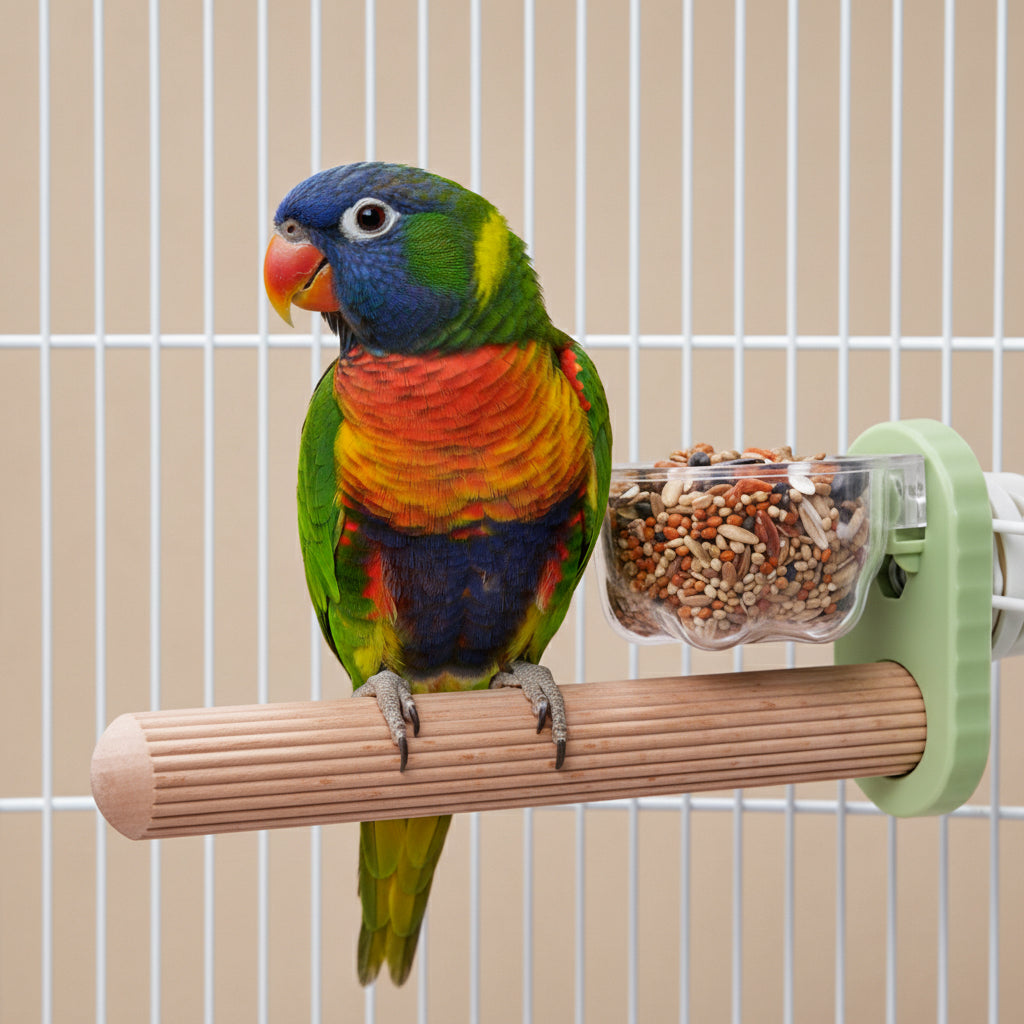 Qpets® Parrot Perch Stick with Feeding Cup, 6.6'' Bird Cage Mounted Standing Rod, Anti-Slip Grooved Wooden Perch with Clamp for Parrots, Parakeets & Other Pet Birds