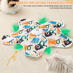 Qpets® Automatic Cat Toy with Hideaway Plush Cave, Motorized Rotating Feather & Butterfly Teaser - Interactive Cat Enrichment for Indoor Cats, Cozy Flower Mat, Pom-Pom Tails
