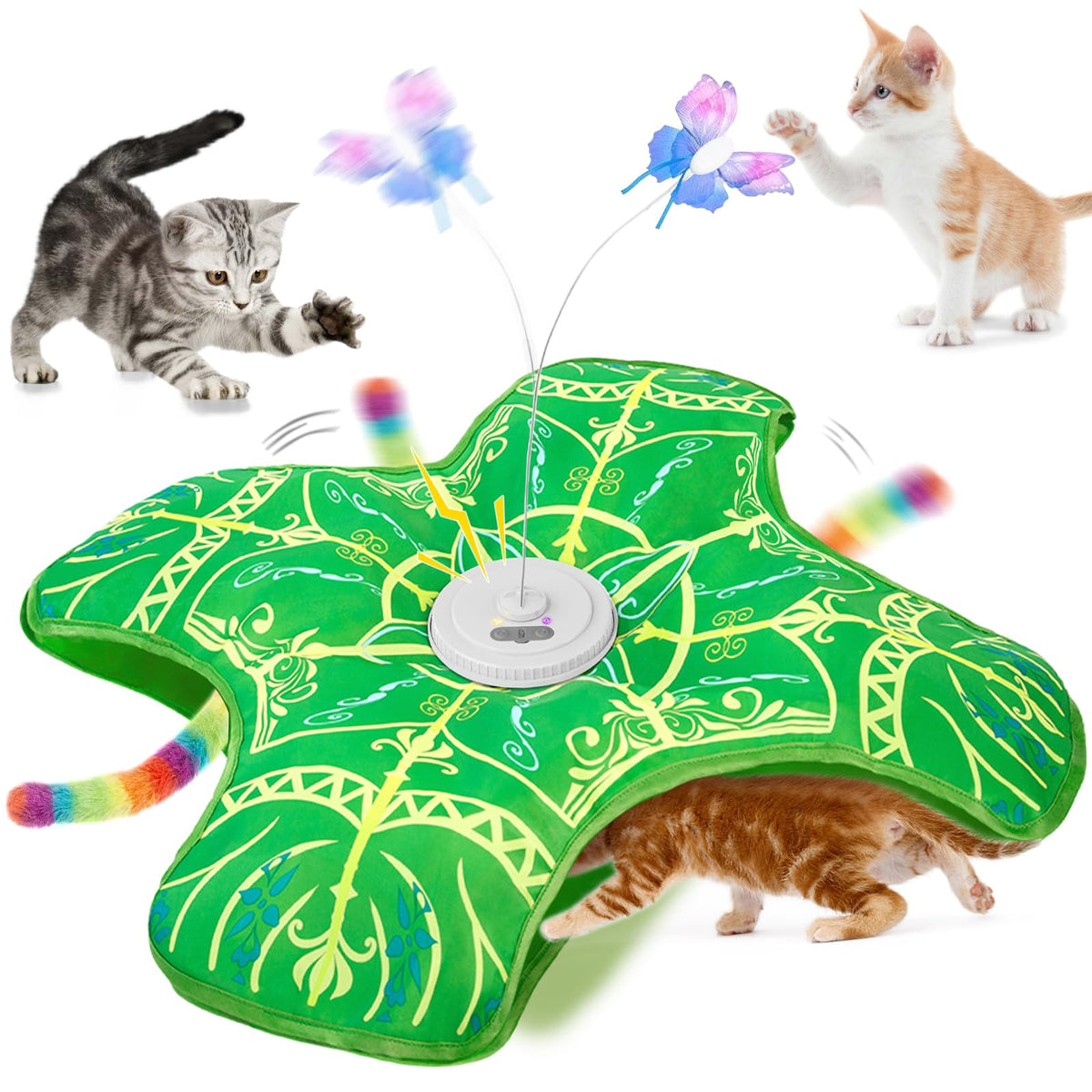 Qpets® Automatic Cat Toy with Hideaway Plush Cave, Motorized Rotating Feather & Butterfly Teaser - Interactive Cat Enrichment for Indoor Cats, Cozy Flower Mat, Pom-Pom Tails