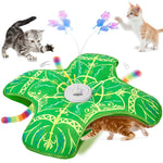 Qpets® Automatic Cat Toy with Hideaway Plush Cave, Motorized Rotating Feather & Butterfly Teaser - Interactive Cat Enrichment for Indoor Cats, Cozy Flower Mat, Pom-Pom Tails