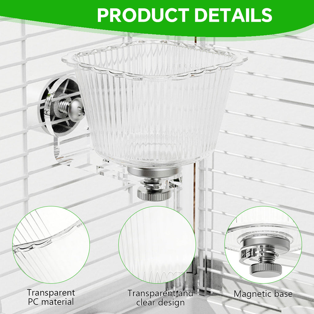 Qpets® Pet Bird Feeder Bowl for Cage Screw-Mount Parrot Feeder Clear PC Food Bowl with Magnetic Base,Easy to Remove and Clean,Acrylic Bracket Pet Bird 72x106x66mm