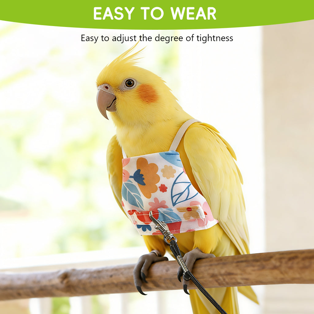 Qpets® Bird Harness and Leash Set for Parrots, Adjustable Escape-Proof Shoulder Strap Parrot Harness with Hook & Loop, 51 Inch Elastic Training Cord - Safe Flight Suit for Small Medium Birds, L