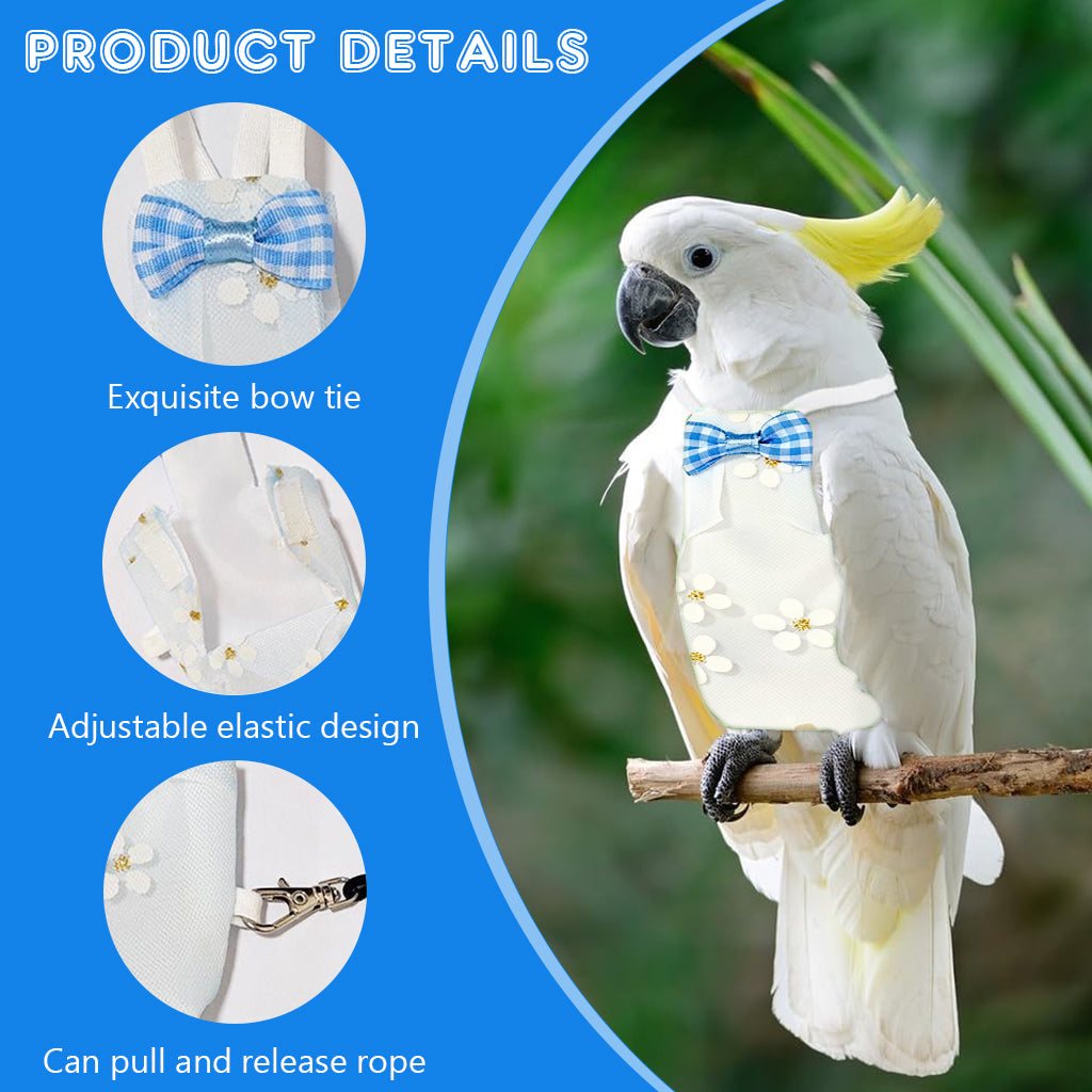 Qpets® Parrot Diaper Flight Suit for Small Birds, 2 Pcs Bird Clothes with Floral Print & Checked Bow, Reusable & Washable Breathable Polyester Bird Diaper for Cockatiel, Conure, Lovebird, Parakeeta