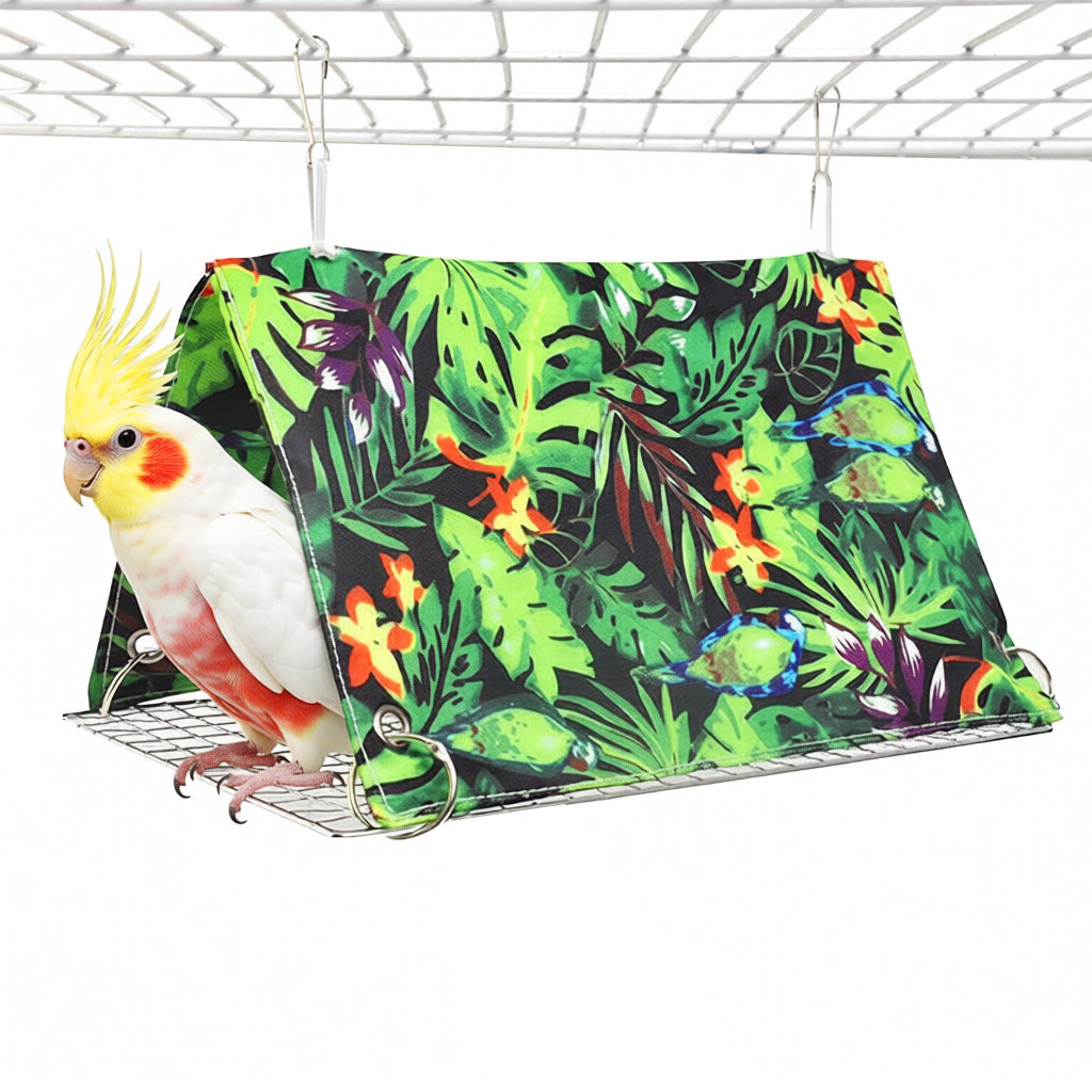 Qpets® Tropical Bird Cage Tent Hammock, Parrot Cage Hideout Cover, Hanging Bird Sleep Shelter with Jungle Leaf Print, Cozy Resting Hut for Parakeet, Cockatiel, Lovebird & Small Pets