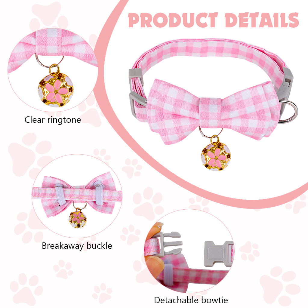Qpets® Cat Collar with Bell, Adjustable 23-33 cm Kitten Collar for Small Cats & Pets - Soft Cotton Plaid Bow Design, Quick Release Safety Buckle, Lightweight & Breakaway Necklace Accessory (Pink)