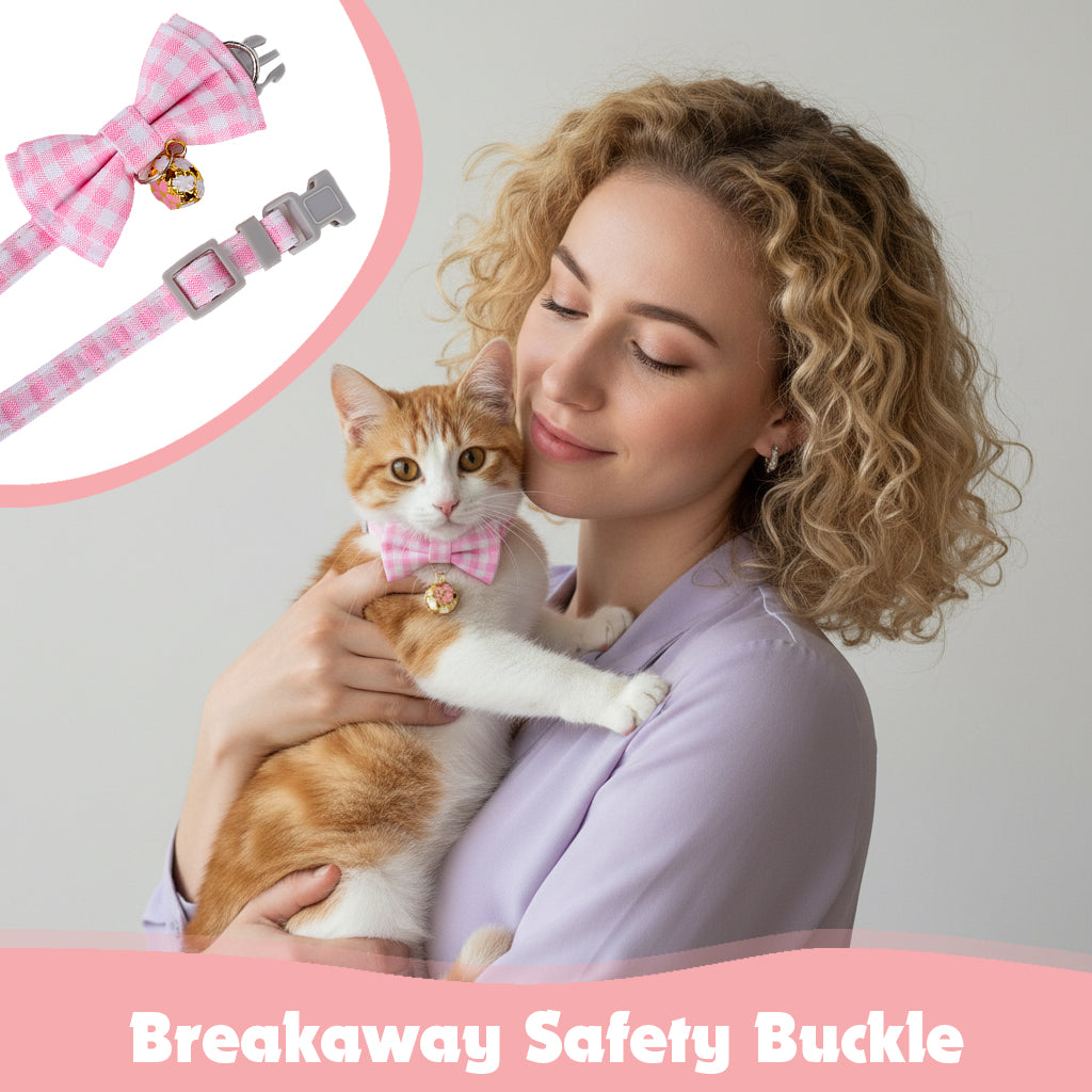 Qpets® Cat Collar with Bell, Adjustable 23-33 cm Kitten Collar for Small Cats & Pets - Soft Cotton Plaid Bow Design, Quick Release Safety Buckle, Lightweight & Breakaway Necklace Accessory (Pink)
