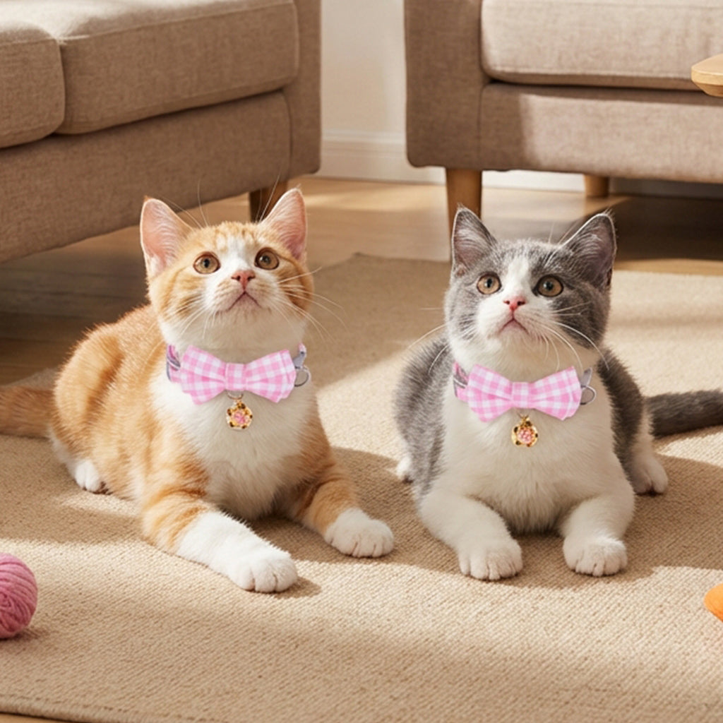 Qpets® Cat Collar with Bell, Adjustable 23-33 cm Kitten Collar for Small Cats & Pets - Soft Cotton Plaid Bow Design, Quick Release Safety Buckle, Lightweight & Breakaway Necklace Accessory (Pink)