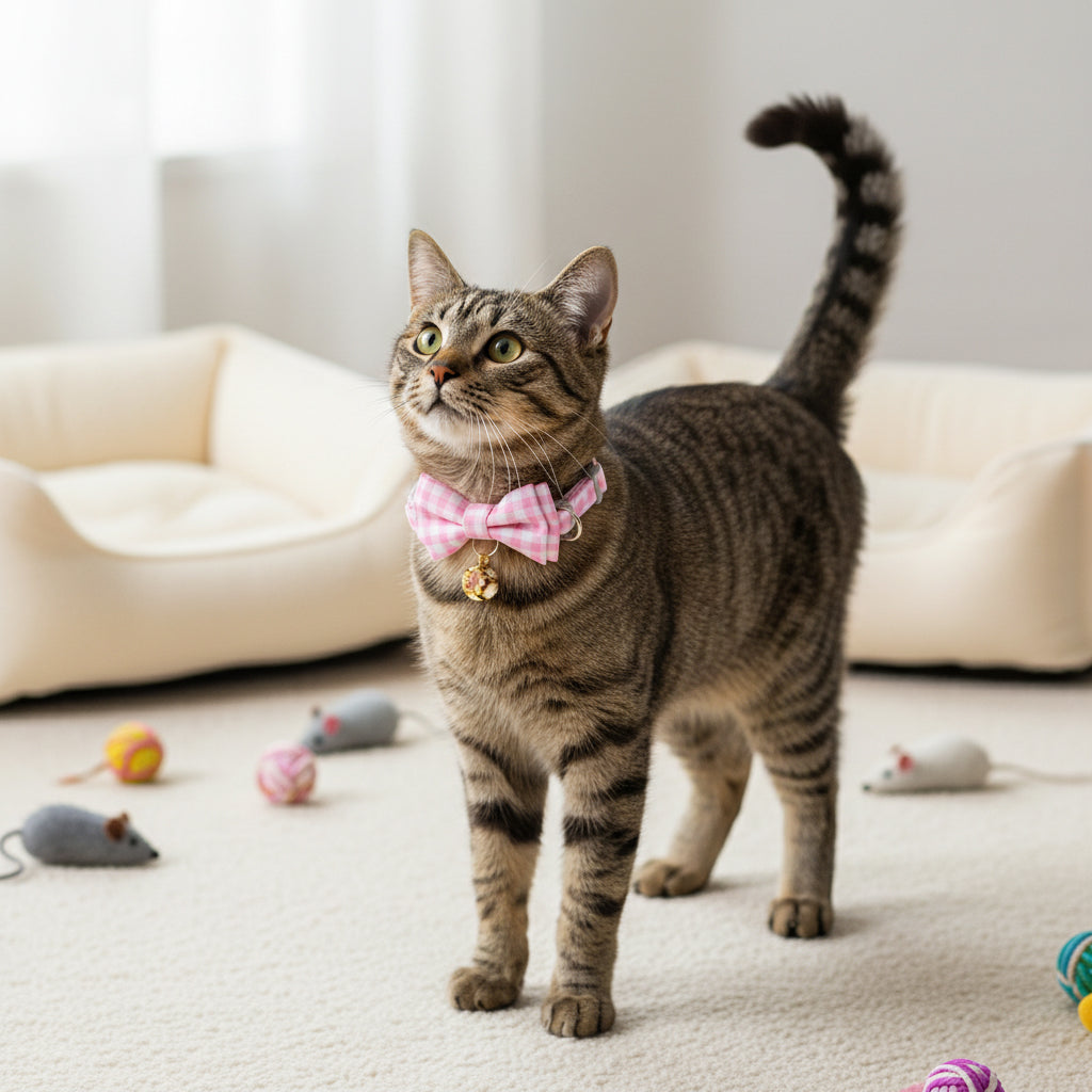 Qpets® Cat Collar with Bell, Adjustable 23-33 cm Kitten Collar for Small Cats & Pets - Soft Cotton Plaid Bow Design, Quick Release Safety Buckle, Lightweight & Breakaway Necklace Accessory (Pink)