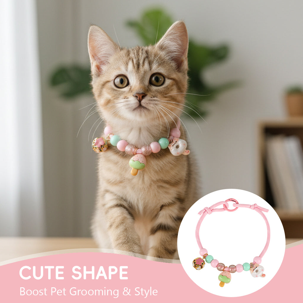 Qpets® Cat Rope Collar with Ring Clasp, Adjustable Handmade Pink Nylon Rope Beaded Fashion Collar with Cute Pendant Ornament Fashion Cat Ornament Accessory Gift