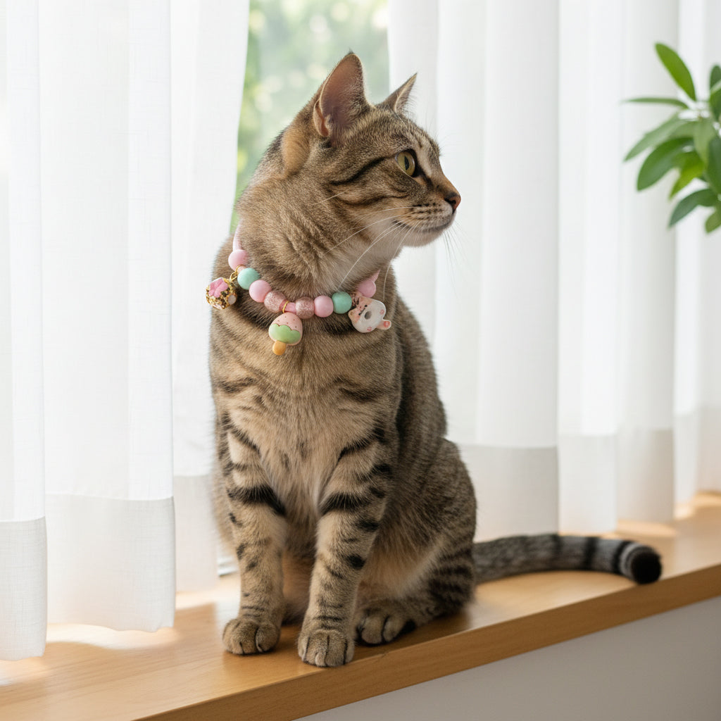 Qpets® Cat Rope Collar with Ring Clasp, Adjustable Handmade Pink Nylon Rope Beaded Fashion Collar with Cute Pendant Ornament Fashion Cat Ornament Accessory Gift