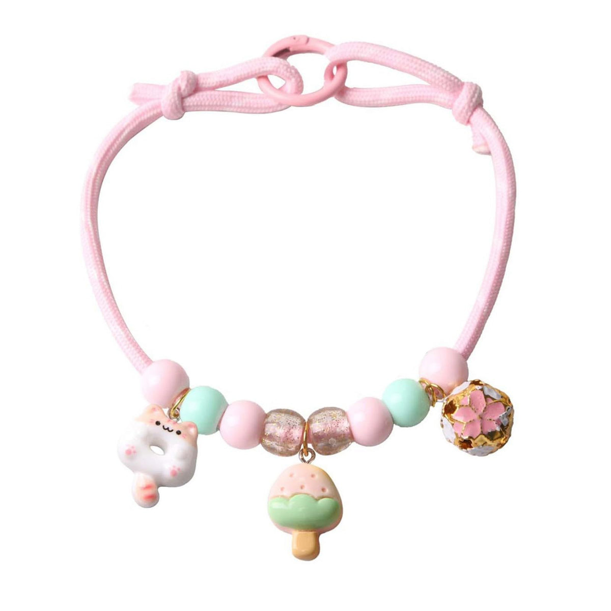 Qpets® Cat Rope Collar with Ring Clasp, Adjustable Handmade Pink Nylon Rope Beaded Fashion Collar with Cute Pendant Ornament Fashion Cat Ornament Accessory Gift