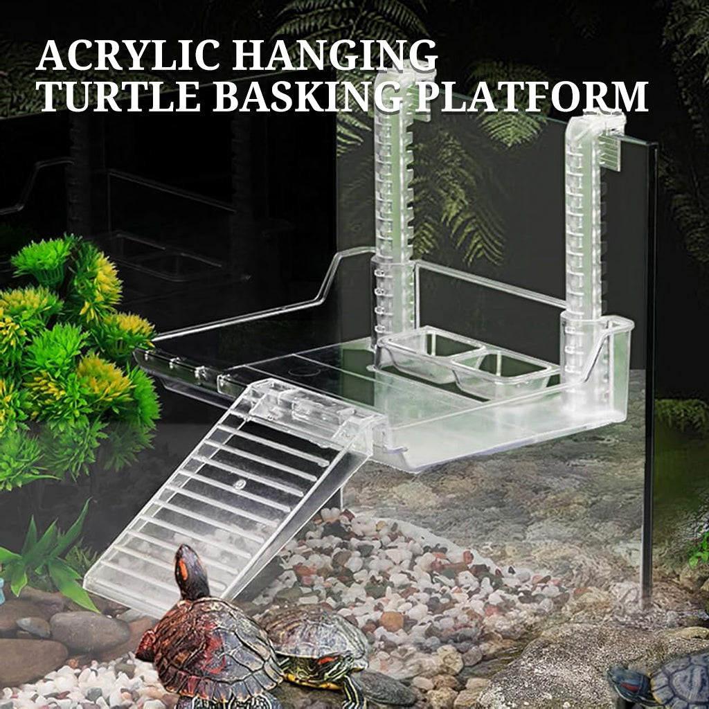 Qpets® Acrylic Hanging Turtle Basking Platform with Removable Walking Steps,Food and Water Bowls,Adjustable Hanging Reptile Resting Terrace for Fish Tank Aquarium Decor