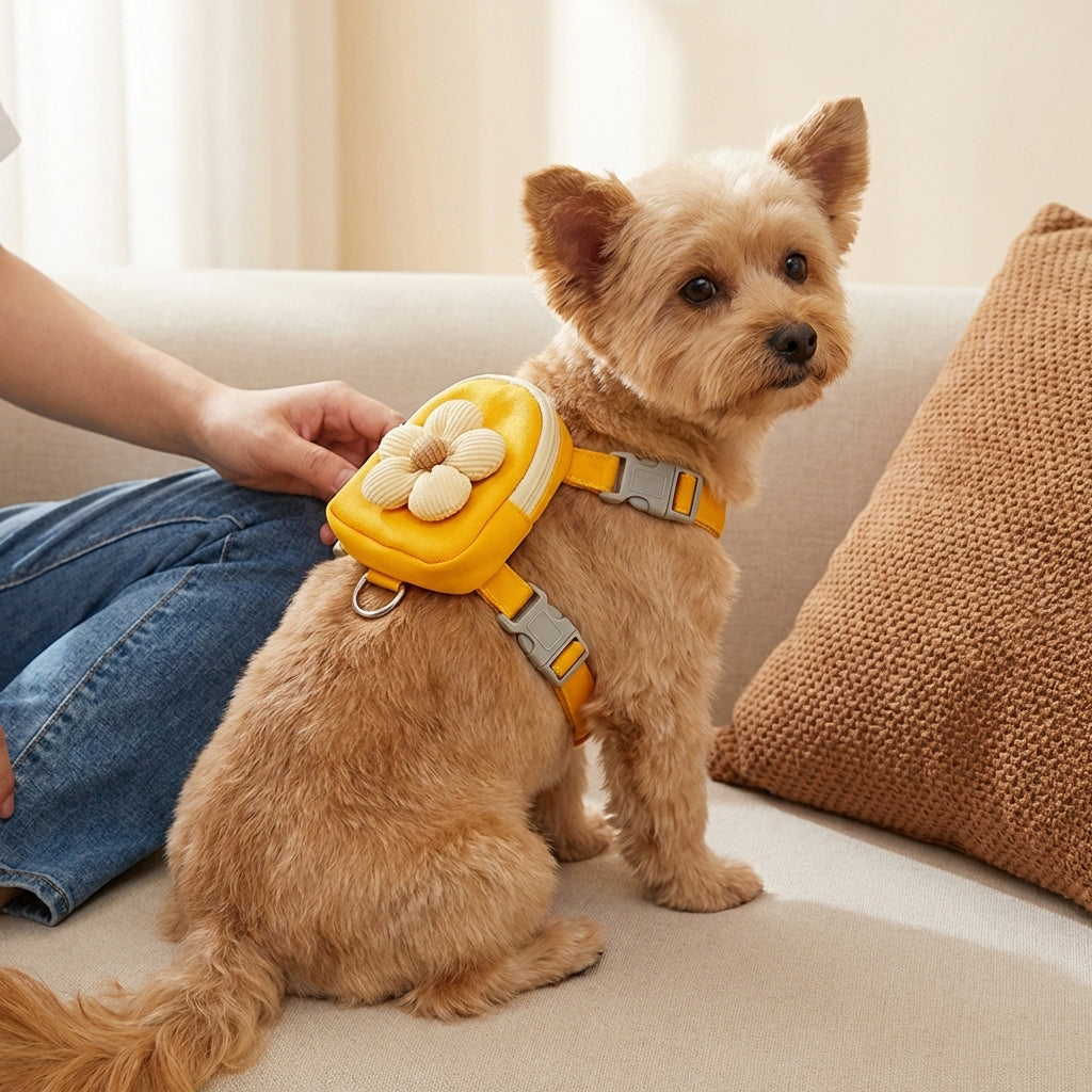 Qpets® Dog Harness and Leash Set, Fabric Webbing Puppy Harness with Matching Leash, Mini Zipper Pouch & Cute Yellow Flower Accent, for 4-10kg Dogs, L