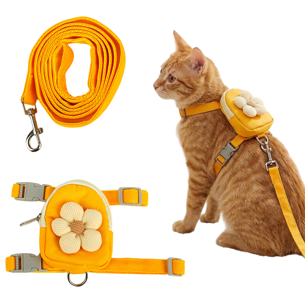 Qpets® Dog Cat Harness and Leash Set, Fabric Webbing Puppy Harness with Matching Leash, Mini Zipper Pouch & Cute Yellow Flower Accent, for 2-5kg Small Dogs Cats, M
