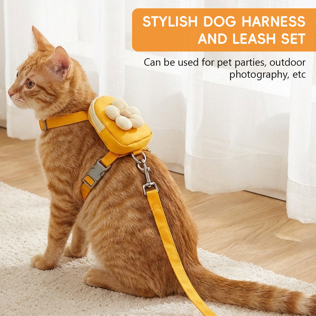 Qpets® Dog Cat Harness and Leash Set, Fabric Webbing Puppy Harness with Matching Leash, Mini Zipper Pouch & Cute Yellow Flower Accent, for 2-5kg Small Dogs Cats, M