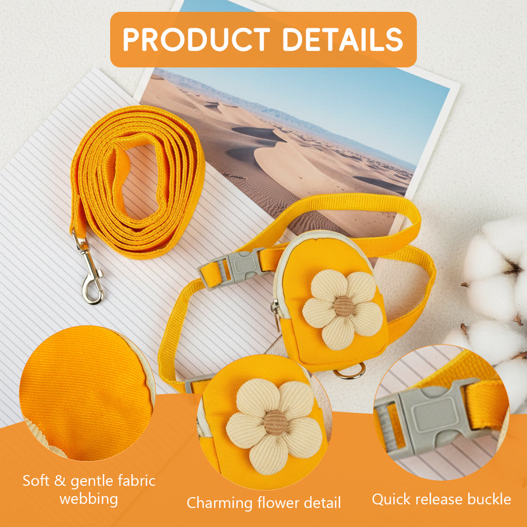 Qpets® Dog Cat Harness and Leash Set, Fabric Webbing Puppy Harness with Matching Leash, Mini Zipper Pouch & Cute Yellow Flower Accent, for 2-5kg Small Dogs Cats, M