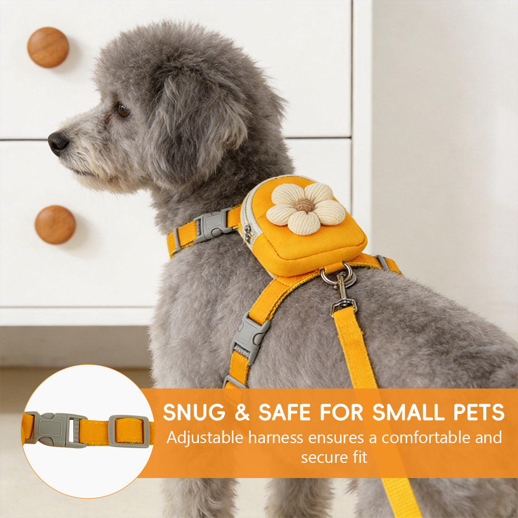 Qpets® Dog Cat Harness and Leash Set, Fabric Webbing Puppy Harness with Matching Leash, Mini Zipper Pouch & Cute Yellow Flower Accent, for 2-5kg Small Dogs Cats, M
