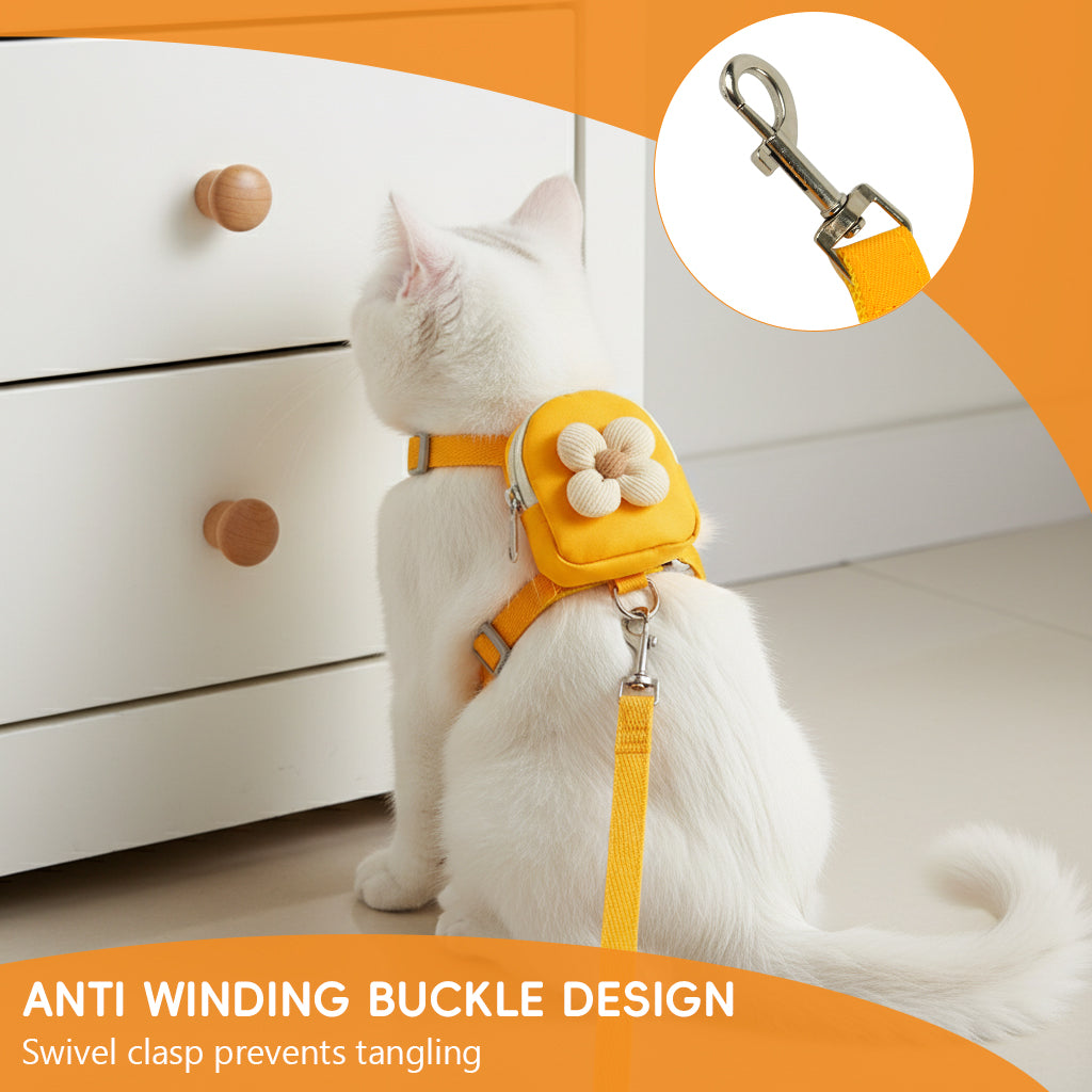 Qpets® Dog Cat Harness and Leash Set, Fabric Webbing Puppy Harness with Matching Leash, Mini Zipper Pouch & Cute Yellow Flower Accent, for 2-5kg Small Dogs Cats, M