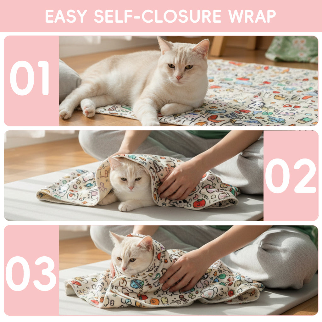 Qpets® 27.5'' Cat Swaddle Wrap with Self-Closure, Pet Grooming Restraint Towel, Anti-Scratch Cat Bath Wrap for Nail Trimming, Vet Care & Medication Handling, Tablet, Laptop & Camera Protection