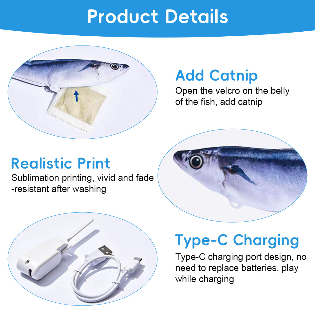 Qpets® Moving Fish Cat Tool 7in Interactive Pacific Saury Plush with Tail Flick Motion USB Rechargeable Cat Kick Playing for Indoor Cats Exercise Play
