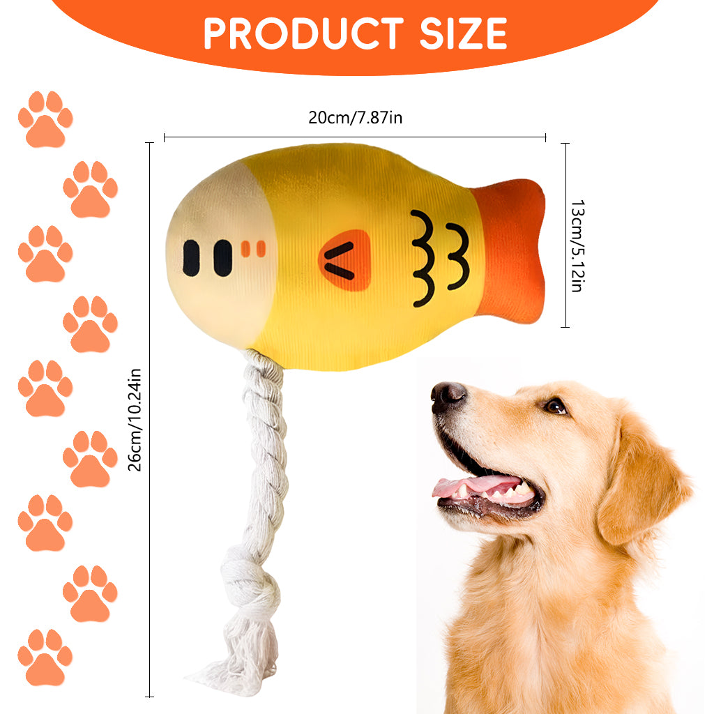 Qpets® Dog Chew Toys, Puppy Teething Toys Squeaky Fish Pet Toy with Braided Rope Tail, Plush Chew Toy for Dogs and Cats, Interactive Tug and Dental Play Tool for Tugging, Teething Cleaning and Chewing