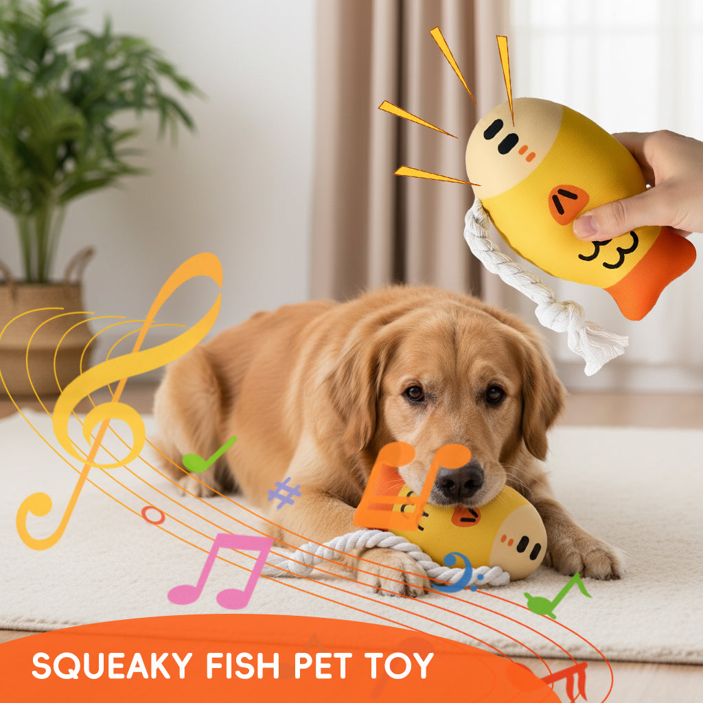 Qpets® Dog Chew Toys, Puppy Teething Toys Squeaky Fish Pet Toy with Braided Rope Tail, Plush Chew Toy for Dogs and Cats, Interactive Tug and Dental Play Tool for Tugging, Teething Cleaning and Chewing