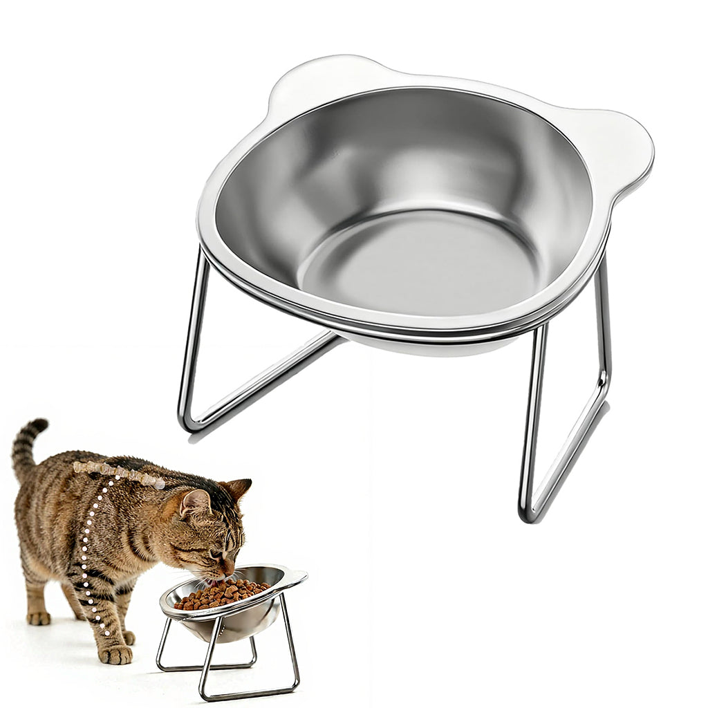Qpets® Raised Cat Bowl with Stand, SUS304 Stainless Steel Cat and Dog Food Bowl Removable Pet Food and Water Bowl 15 Degree Tilting Angle, Non Slip Pet-Friendly Feeding Bowl for Cats and Small Dogs