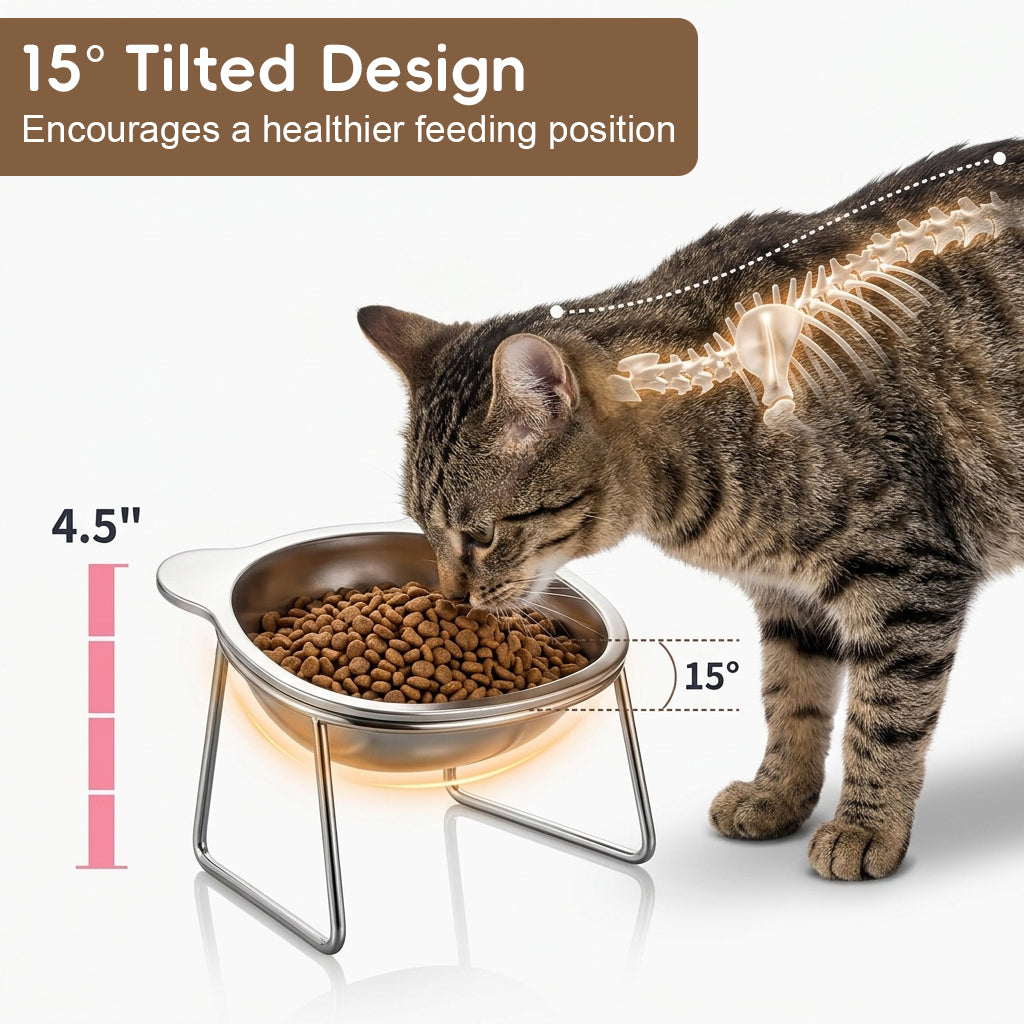 Qpets® Raised Cat Bowl with Stand, SUS304 Stainless Steel Cat and Dog Food Bowl Removable Pet Food and Water Bowl 15 Degree Tilting Angle, Non Slip Pet-Friendly Feeding Bowl for Cats and Small Dogs