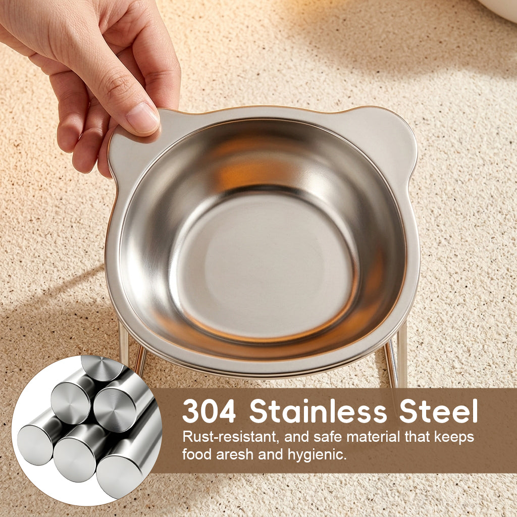 Qpets® Raised Cat Bowl with Stand, SUS304 Stainless Steel Cat and Dog Food Bowl Removable Pet Food and Water Bowl 15 Degree Tilting Angle, Non Slip Pet-Friendly Feeding Bowl for Cats and Small Dogs