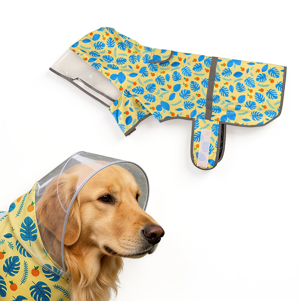 Qpets® Dog Raincoat with Clear Hood, Reflective Pet Raincoat Jacket Pet Poncho Lightweight Pet Rain Clothes with Adjustable Belly Strap Leash Hole Stylish Tropical Leaves & Orange Pattern, 2XL