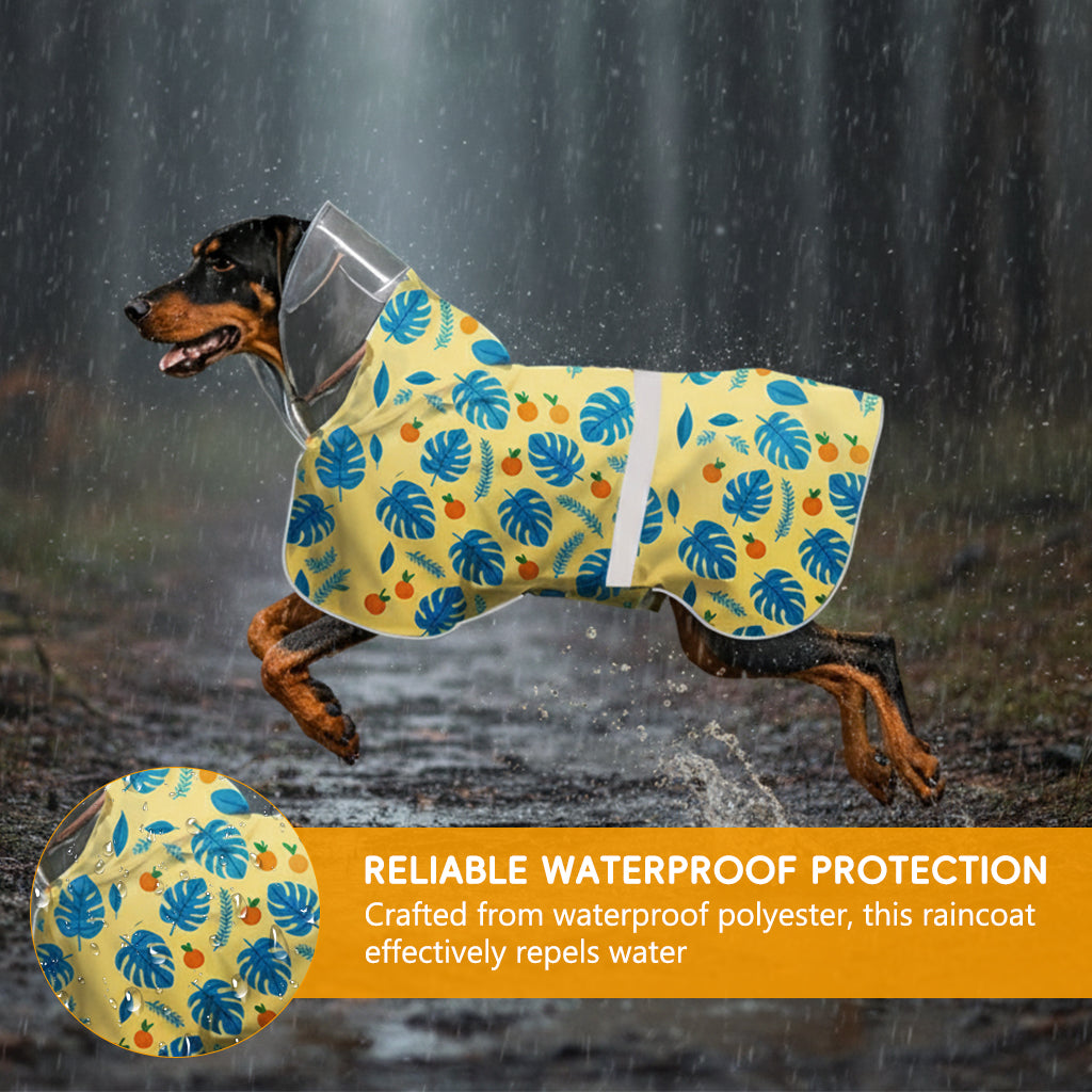 Qpets® Dog Raincoat with Clear Hood, Reflective Pet Raincoat Jacket Pet Poncho Lightweight Pet Rain Clothes with Adjustable Belly Strap Leash Hole Stylish Tropical Leaves & Orange Pattern, 2XL