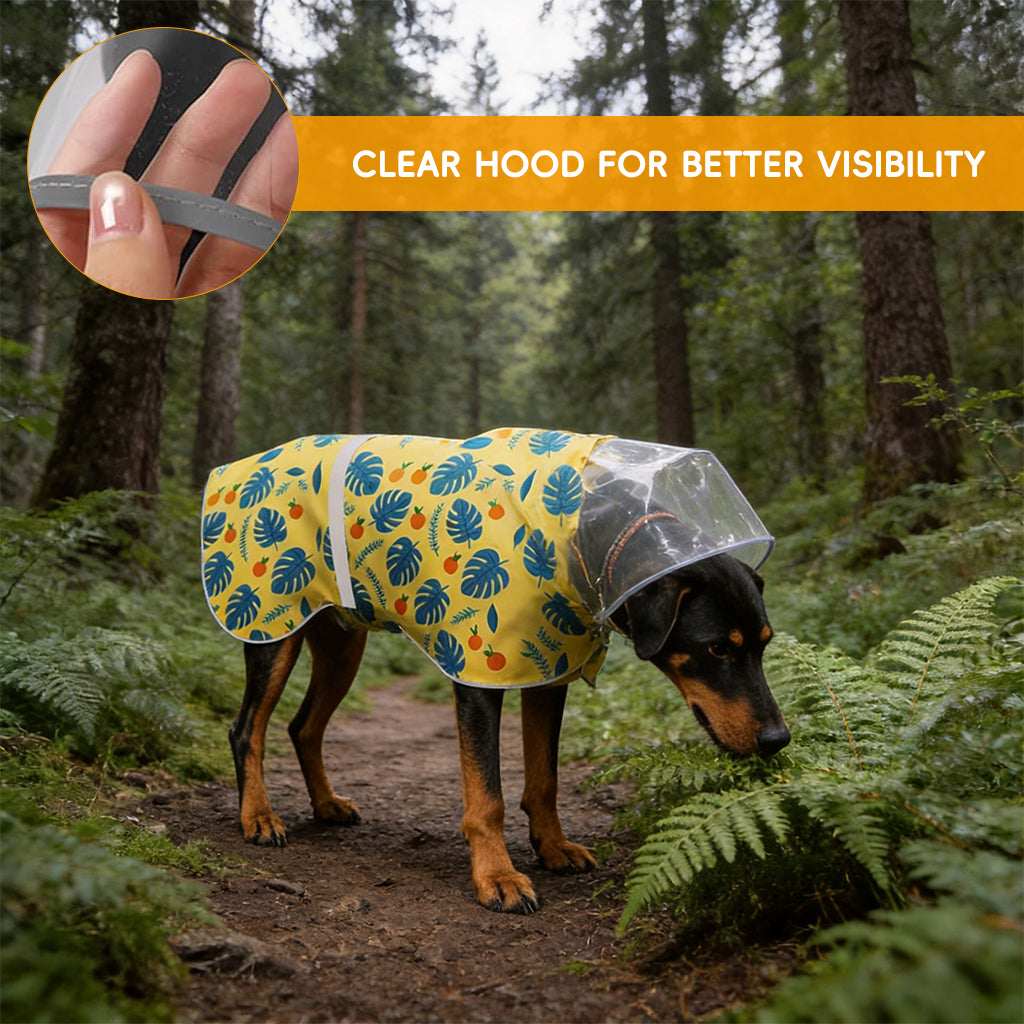 Qpets® Dog Raincoat with Clear Hood, Reflective Pet Raincoat Jacket Pet Poncho Lightweight Pet Rain Clothes with Adjustable Belly Strap Leash Hole Stylish Tropical Leaves & Orange Pattern, 2XL