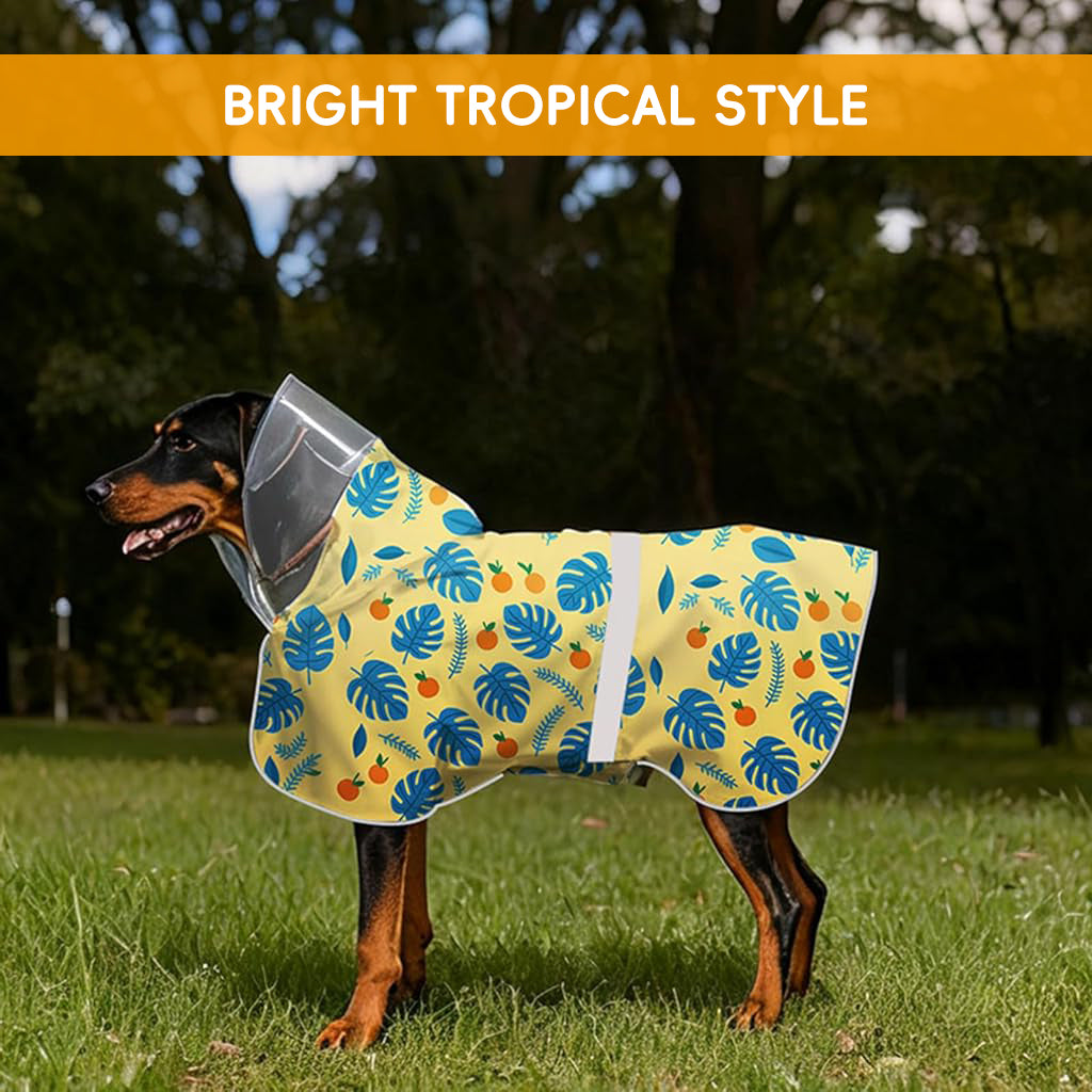 Qpets® Dog Raincoat with Clear Hood, Reflective Pet Raincoat Jacket Pet Poncho Lightweight Pet Rain Clothes with Adjustable Belly Strap Leash Hole Stylish Tropical Leaves & Orange Pattern, 2XL