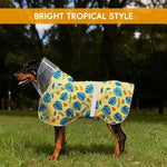 Qpets® Dog Raincoat with Clear Hood, Reflective Pet Raincoat Jacket Pet Poncho Lightweight Pet Rain Clothes with Adjustable Belly Strap Leash Hole Stylish Tropical Leaves & Orange Pattern, 2XL
